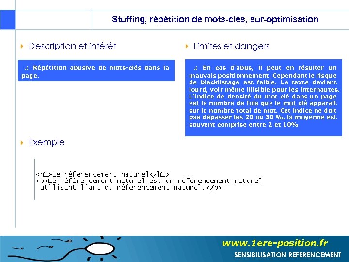 Stuffing, répétition de mots-clés, sur-optimisation Description et intérêt . : Répétition abusive de mots-clés