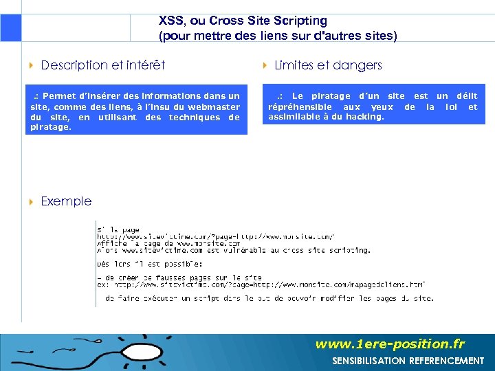 XSS, ou Cross Site Scripting (pour mettre des liens sur d'autres sites) Description et