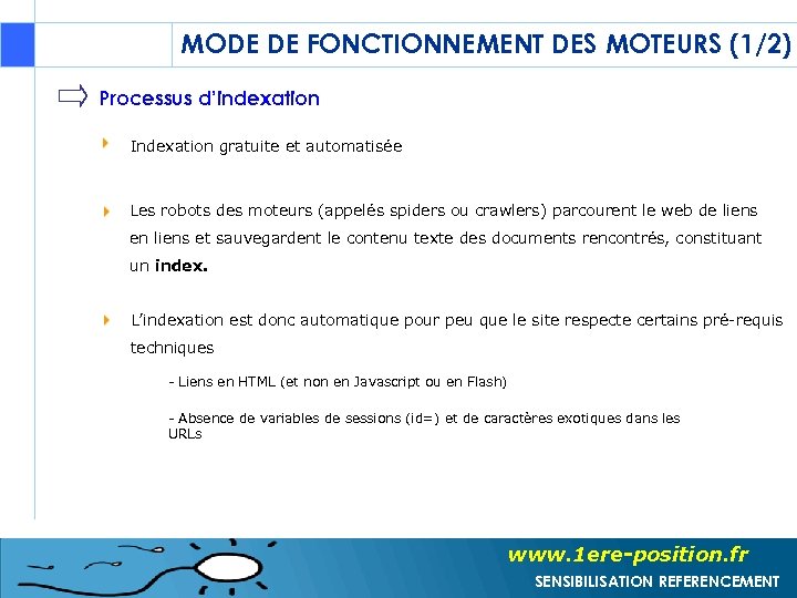 MODE DE FONCTIONNEMENT DES MOTEURS (1/2) Processus d’indexation Indexation gratuite et automatisée Les robots