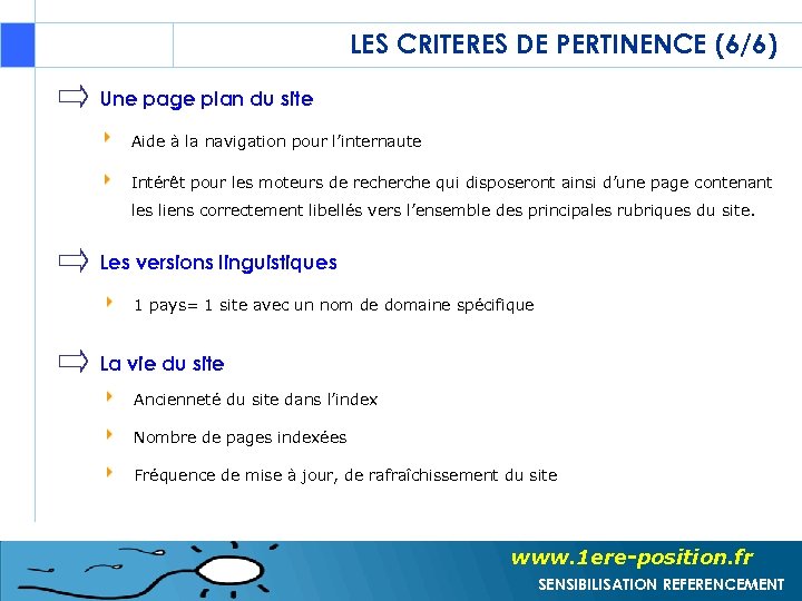 LES CRITERES DE PERTINENCE (6/6) Une page plan du site Aide à la navigation