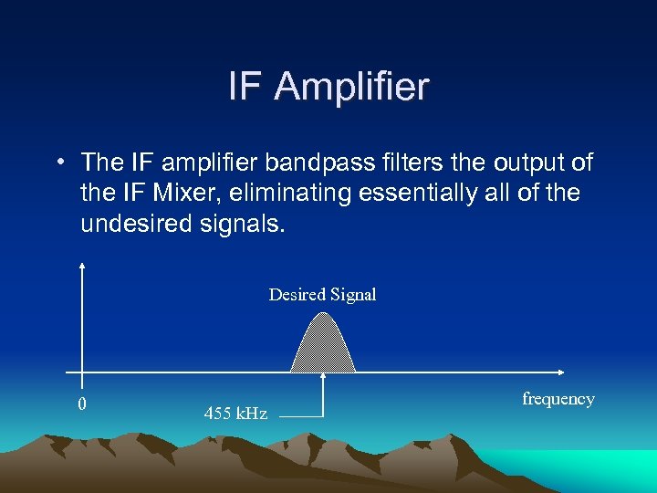 IF Amplifier • The IF amplifier bandpass filters the output of the IF Mixer,