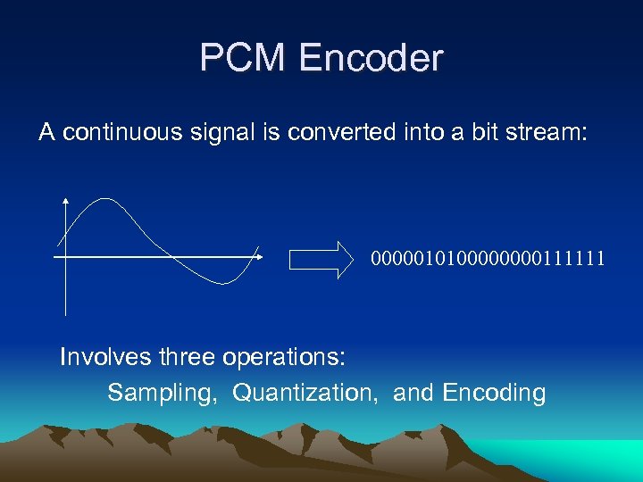 PCM Encoder A continuous signal is converted into a bit stream: 000001010000111111 Involves three