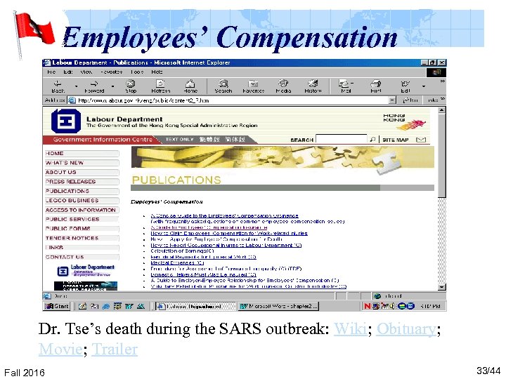 Employees’ Compensation Dr. Tse’s death during the SARS outbreak: Wiki; Obituary; Movie; Trailer Fall