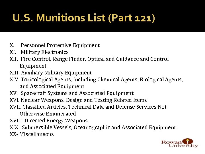 U. S. Munitions List (Part 121) X. Personnel Protective Equipment XI. Military Electronics XII.