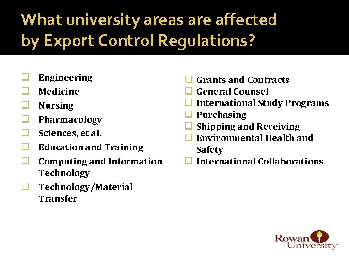 What university areas are affected by Export Control Regulations? Engineering Medicine Nursing Pharmacology Sciences,