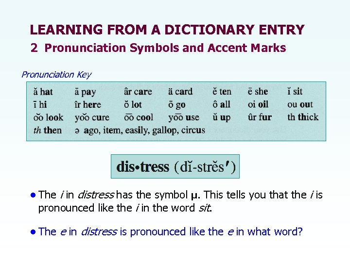 LEARNING FROM A DICTIONARY ENTRY 2 Pronunciation Symbols and Accent Marks Pronunciation Key •