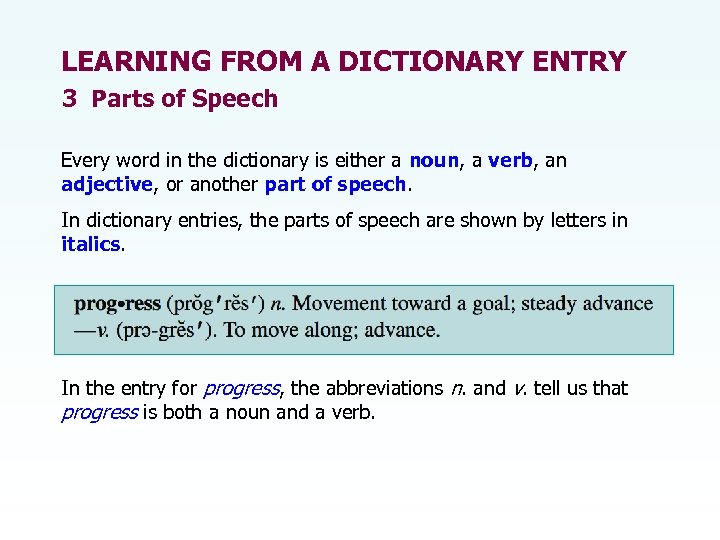LEARNING FROM A DICTIONARY ENTRY 3 Parts of Speech Every word in the dictionary