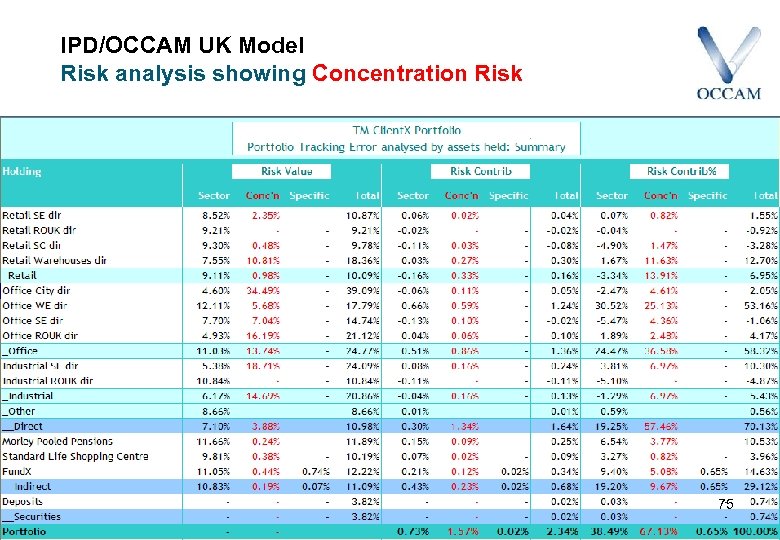 IPD/OCCAM UK Model Risk analysis showing Concentration Risk 75 