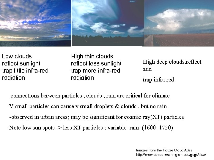 Clouds and Climate Low clouds reflect sunlight trap little infra-red radiation High thin clouds