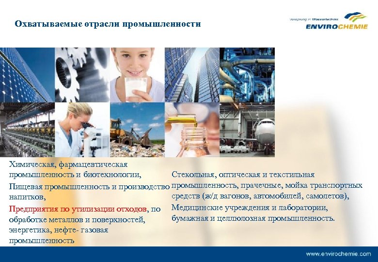Охватываемые отрасли промышленности Химическая, фармацевтическая промышленность и биотехнологии, Стекольная, оптическая и текстильная Пищевая промышленность