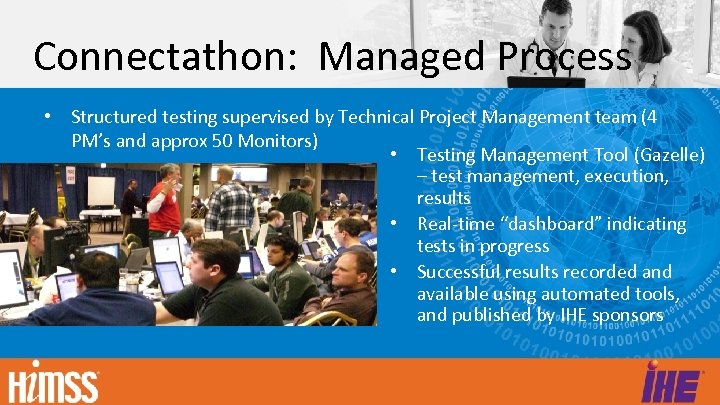 Connectathon: Managed Process • Structured testing supervised by Technical Project Management team (4 PM’s