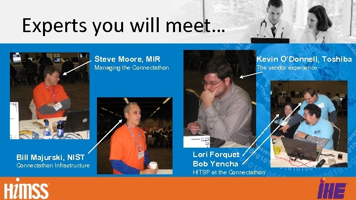 Experts you will meet… Steve Moore, MIR Managing the Connectathon Bill Majurski, NIST Connectathon