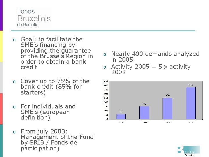 o Goal: to facilitate the SME’s financing by providing the guarantee of the Brussels