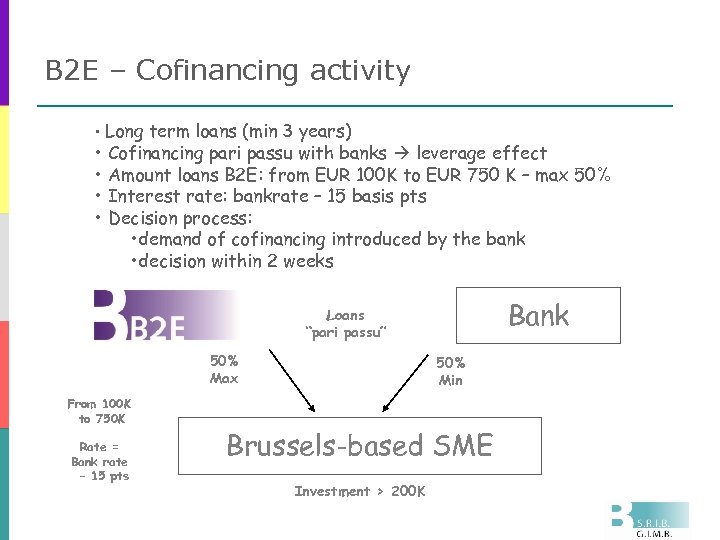 B 2 E – Cofinancing activity • Long term loans (min 3 years) •