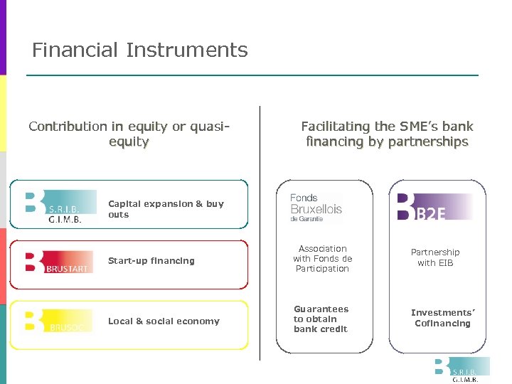 Financial Instruments Contribution in equity or quasiequity Facilitating the SME’s bank financing by partnerships