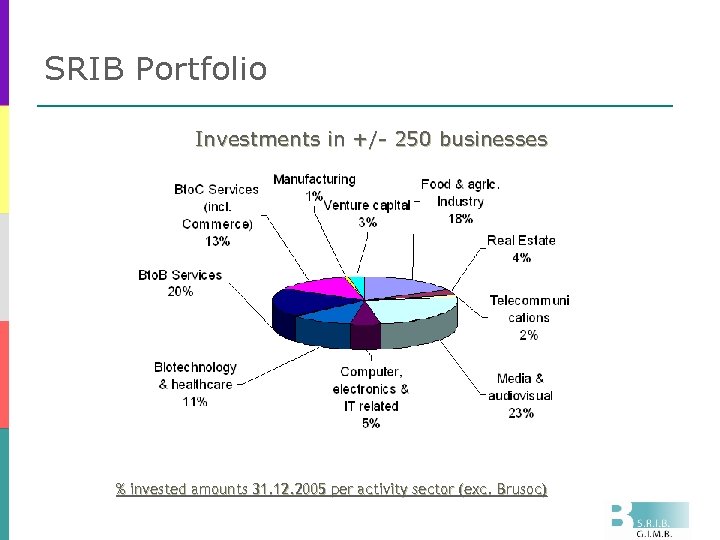 SRIB Portfolio Investments in +/- 250 businesses % invested amounts 31. 12. 2005 per