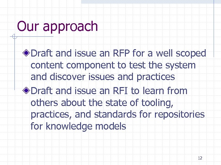 Our approach Draft and issue an RFP for a well scoped content component to