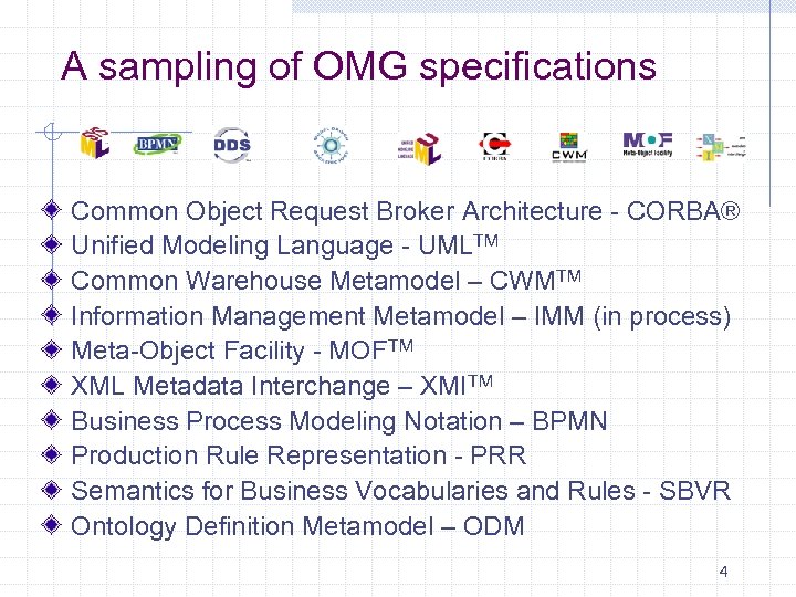 A sampling of OMG specifications Common Object Request Broker Architecture - CORBA® Unified Modeling