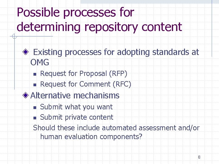 Possible processes for determining repository content Existing processes for adopting standards at OMG n
