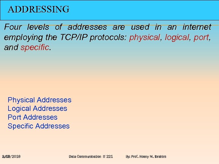 ADDRESSING Four levels of addresses are used in an internet employing the TCP/IP protocols: