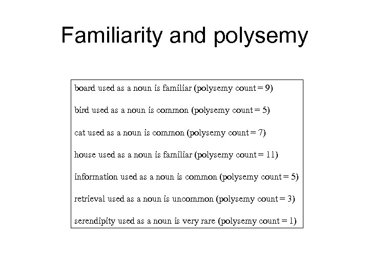 Familiarity and polysemy board used as a noun is familiar (polysemy count = 9)