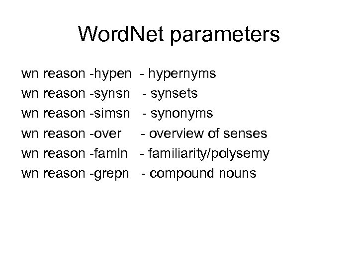 Word. Net parameters wn reason -hypen wn reason -synsn wn reason -simsn wn reason