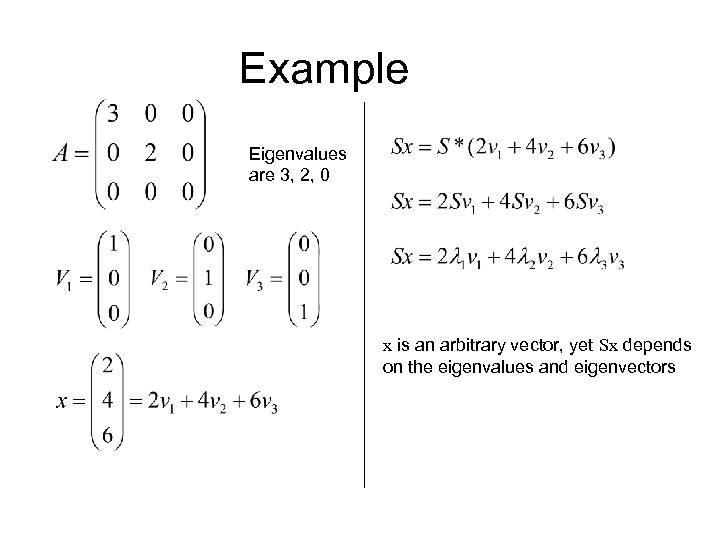 Example Eigenvalues are 3, 2, 0 x is an arbitrary vector, yet Sx depends