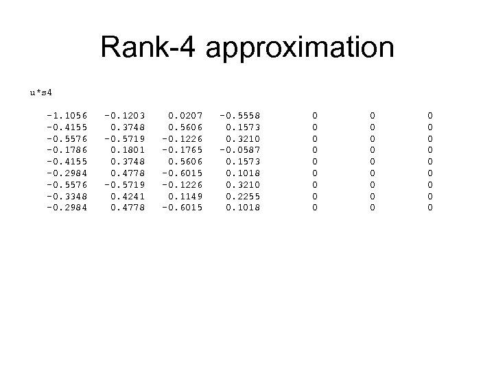 Rank-4 approximation u*s 4 -1. 1056 -0. 4155 -0. 5576 -0. 1786 -0. 4155