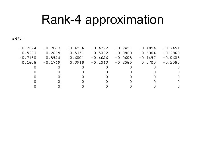 Rank-4 approximation s 4*v' -0. 2674 0. 5333 -0. 7150 0. 1808 0 0