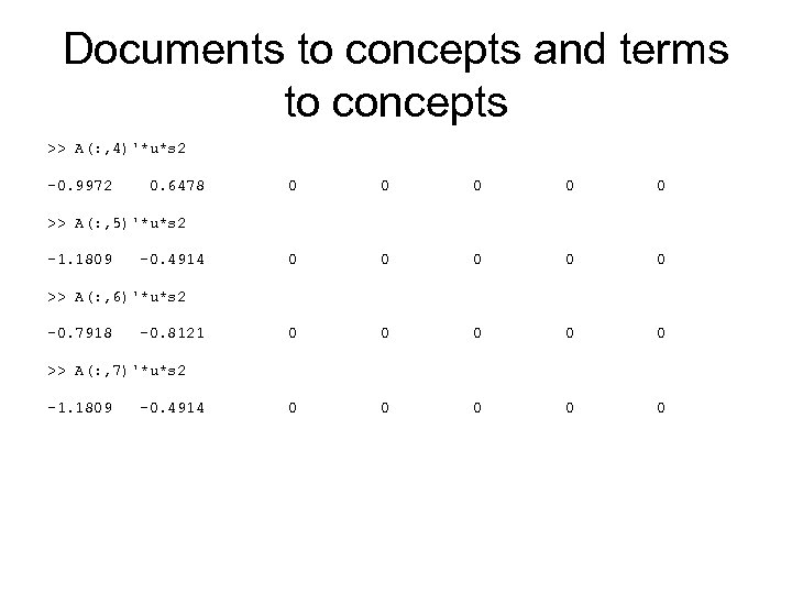 Documents to concepts and terms to concepts >> A(: , 4)'*u*s 2 -0. 9972