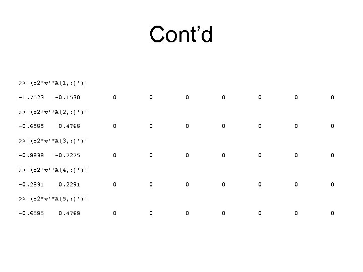 Cont’d >> (s 2*v'*A(1, : )')' -1. 7523 -0. 1530 0 0 0 0