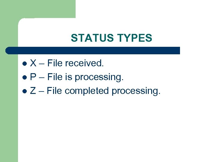 STATUS TYPES X – File received. l P – File is processing. l Z