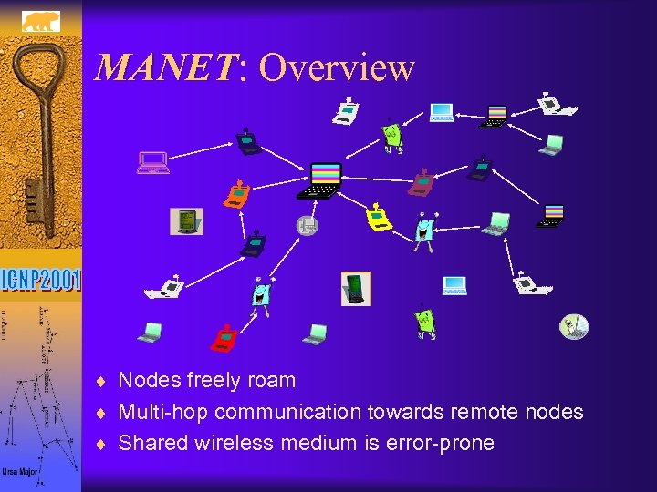 MANET: Overview MANET ¨ Nodes freely roam ¨ Multi-hop communication towards remote nodes ¨