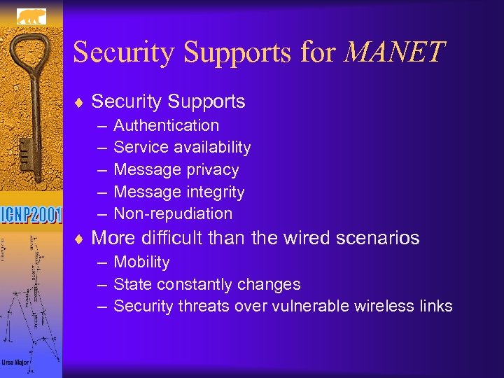 Security Supports for MANET ¨ Security Supports – Authentication – Service availability – Message