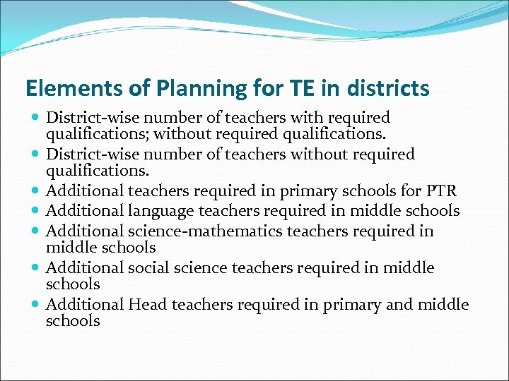 Elements of Planning for TE in districts District-wise number of teachers with required qualifications;