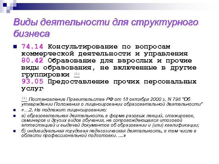 Виды деятельности для структурного бизнеса n 74. 14 Консультирование по вопросам коммерческой деятельности и