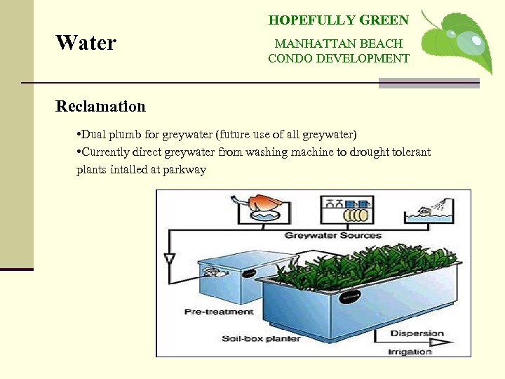 HOPEFULLY GREEN Water MANHATTAN BEACH CONDO DEVELOPMENT Reclamation • Dual plumb for greywater (future