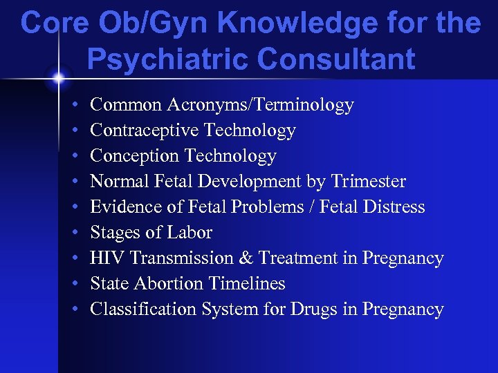 Core Ob/Gyn Knowledge for the Psychiatric Consultant • • • Common Acronyms/Terminology Contraceptive Technology