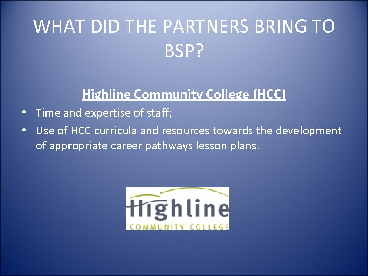 WHAT DID THE PARTNERS BRING TO BSP? Highline Community College (HCC) • Time and