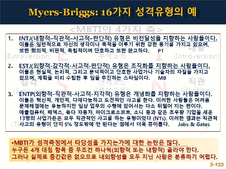 Myers-Briggs: 16가지 성격유형의 예 1. INTJ(내향적–직관적–사고적–판단적) 유형은 비전달성을 지향하는 사람들이다. 2. ESTJ(외향적-감각적-사고적-판단적) 유형은 조직화를