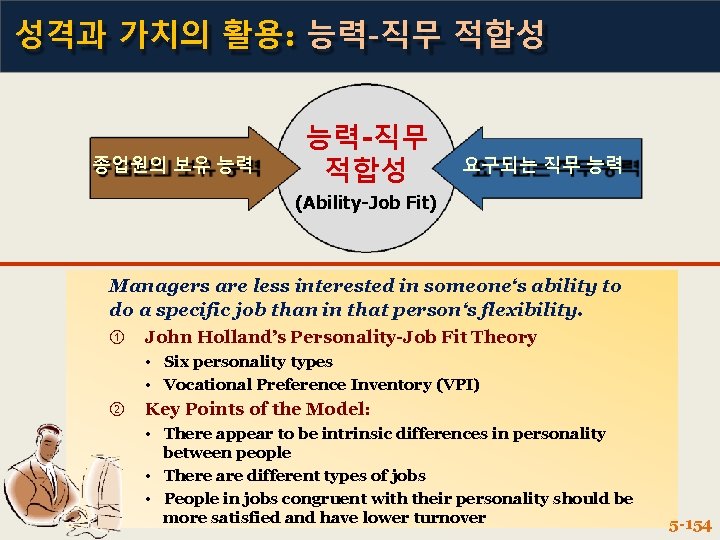 성격과 가치의 활용: 능력-직무 적합성 종업원의 보유 능력 능력-직무 적합성 요구되는 직무 능력 (Ability-Job