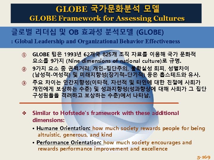 GLOBE 국가문화분석 모델 GLOBE Framework for Assessing Cultures 글로벌 리더십 및 OB 효과성 분석모델