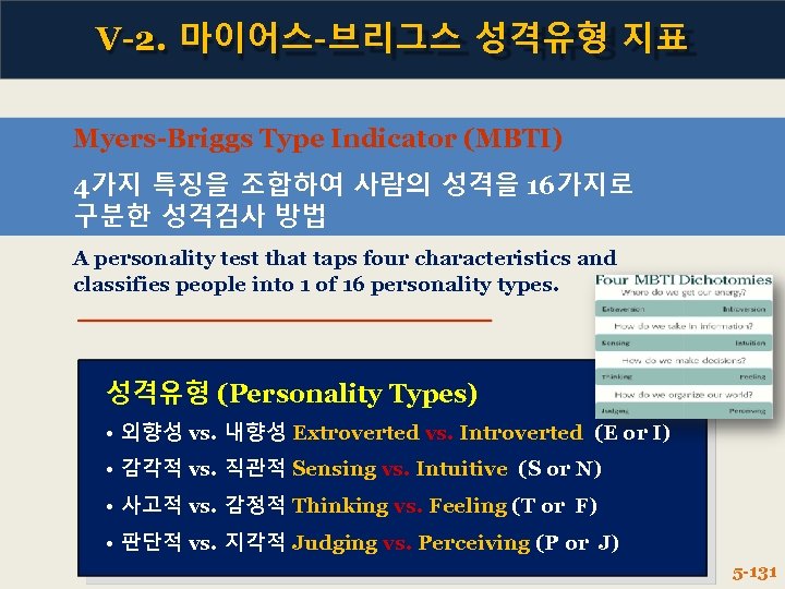 V-2. 마이어스-브리그스 성격유형 지표 Myers-Briggs Type Indicator (MBTI) 4가지 특징을 조합하여 사람의 성격을 16가지로