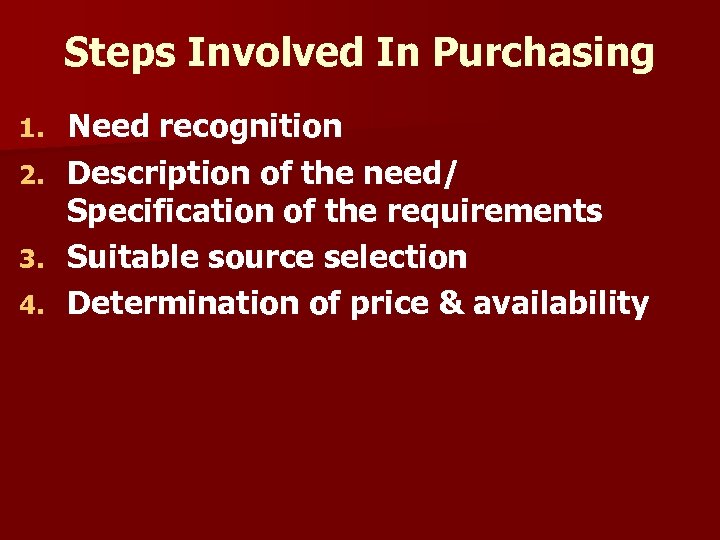 Steps Involved In Purchasing 1. 2. 3. 4. Need recognition Description of the need/
