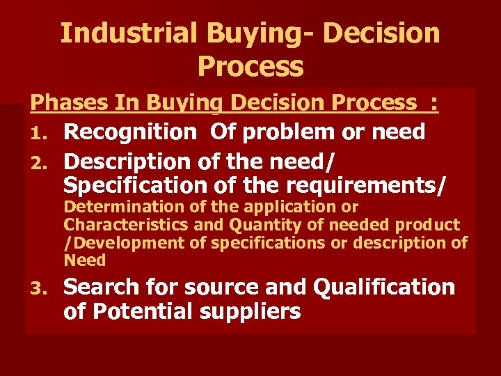 Industrial Buying- Decision Process Phases In Buying Decision Process : 1. Recognition Of problem