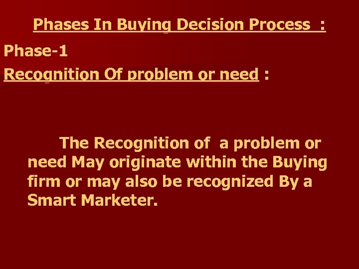 Phases In Buying Decision Process : Phase-1 Recognition Of problem or need : The