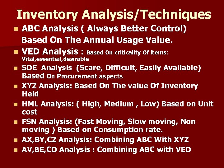 Inventory Analysis/Techniques ABC Analysis ( Always Better Control) Based On The Annual Usage Value.