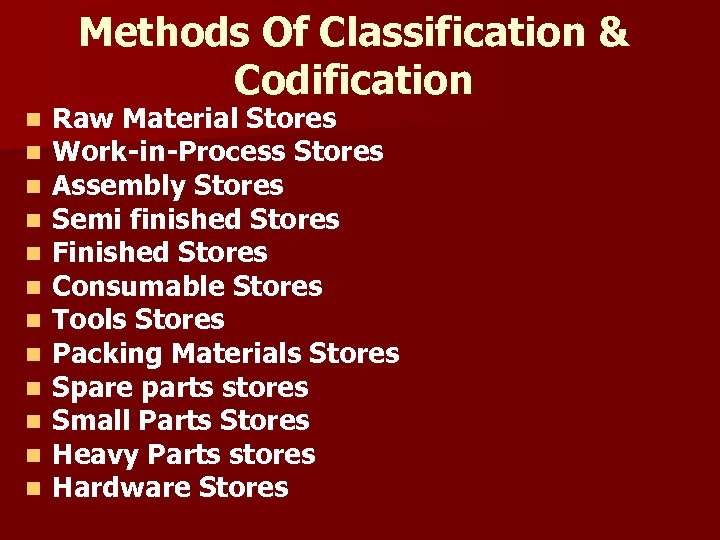 Methods Of Classification & Codification n n n Raw Material Stores Work-in-Process Stores Assembly
