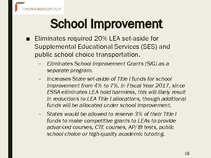 School Improvement ■ Eliminates required 20% LEA set-aside for Supplemental Educational Services (SES) and