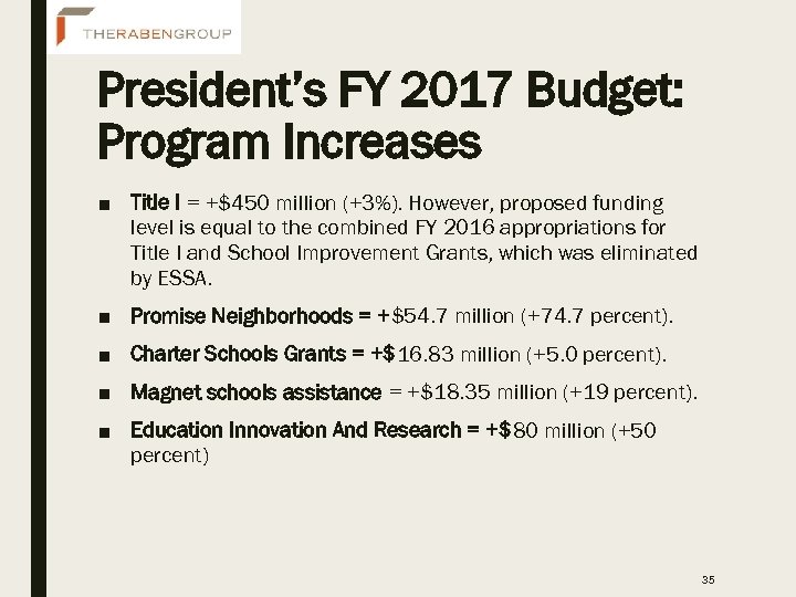 President’s FY 2017 Budget: Program Increases ■ Title I = +$450 million (+3%). However,